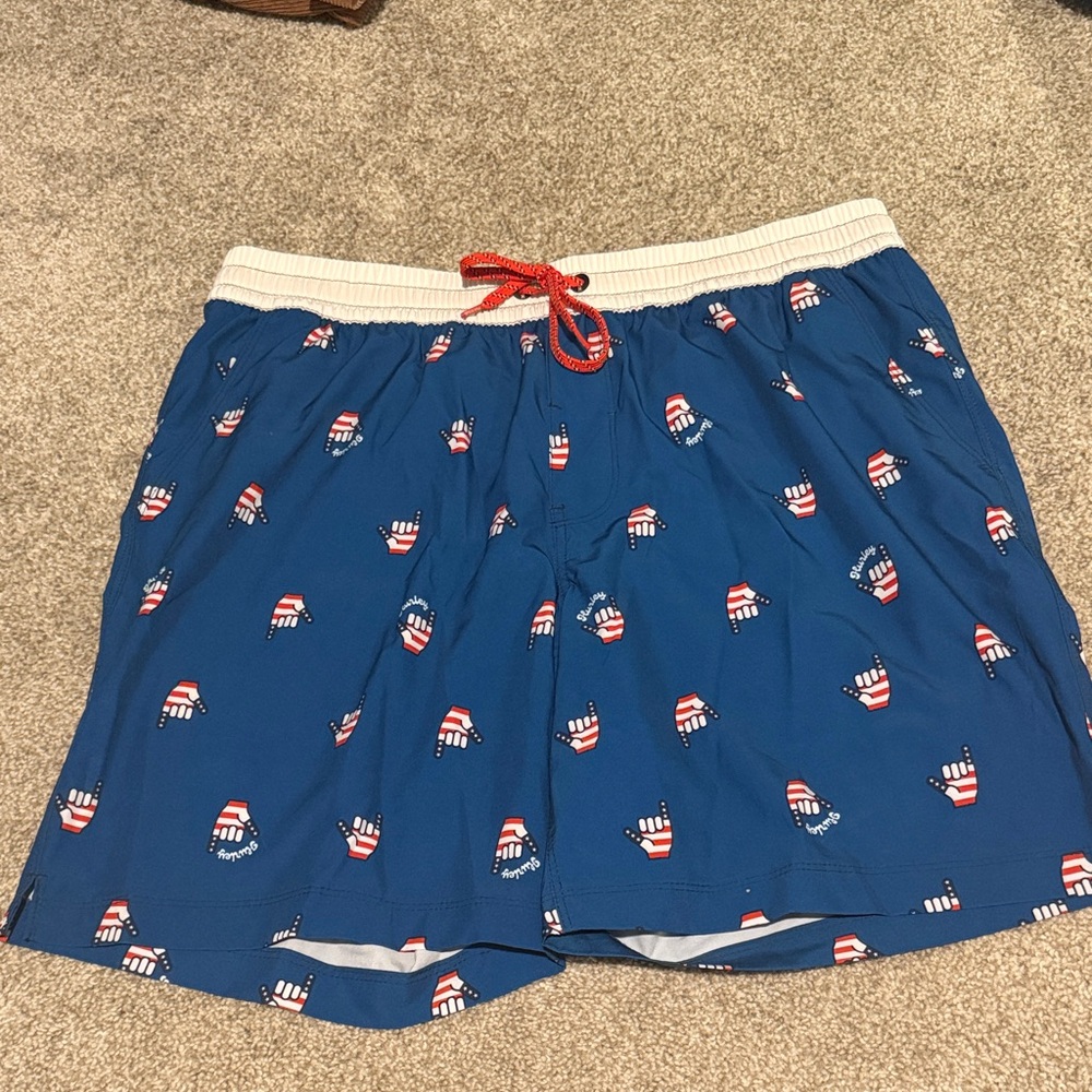 Hurley Blue Swimsuit with Red and White Hang Loose Gesture